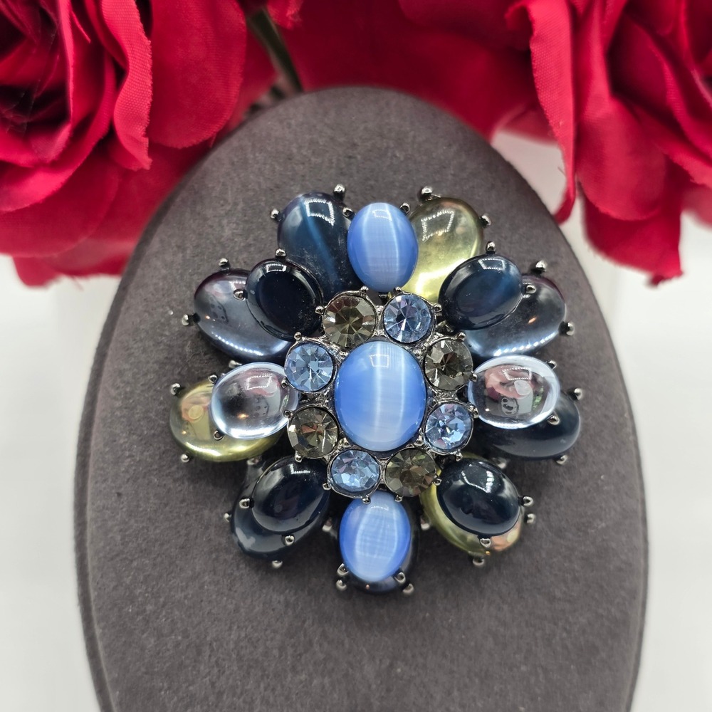 Blue Green Floral Cluster Brooch Gunmetal Tone Cats Eye Rhinestone Pin Glam